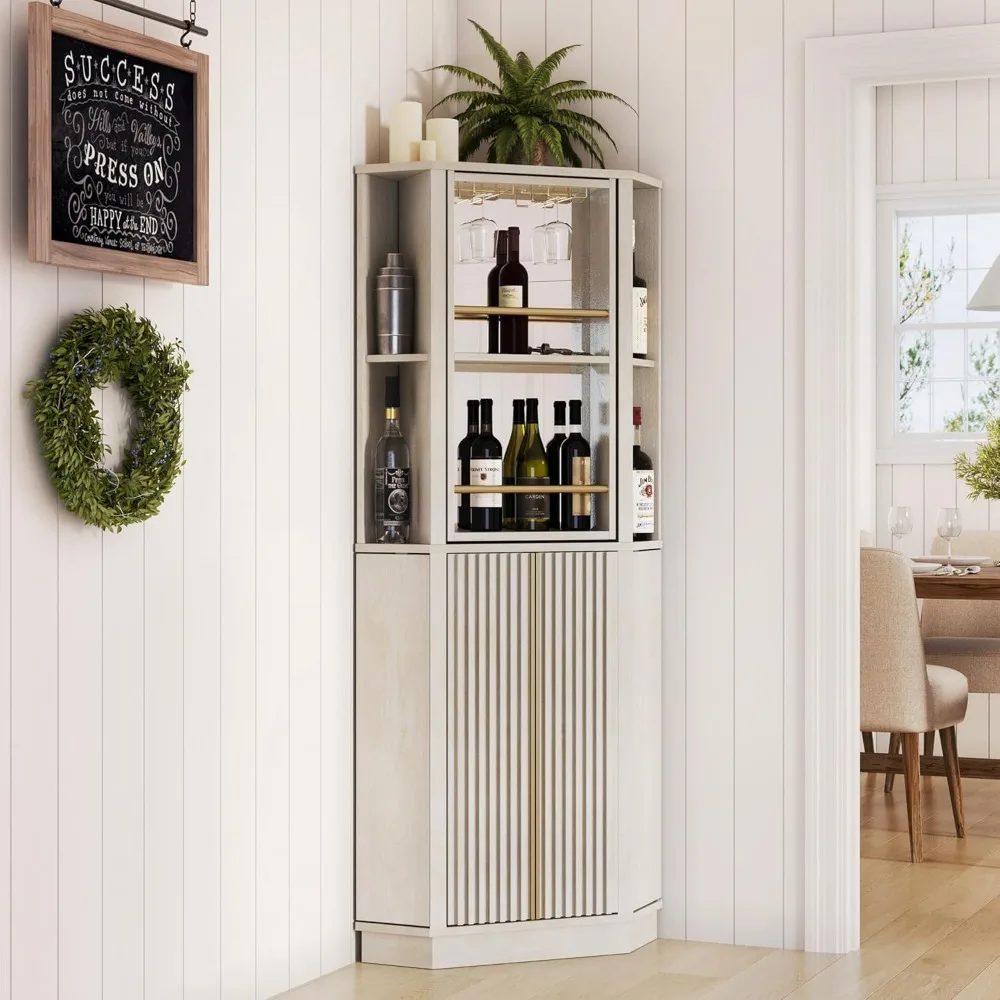 

68" Tall Farmhouse Corner Bar Storage Cabinet with Rotating Wine Rack, Modern Home Bar Liquor Storage Cabinet for Dining Room