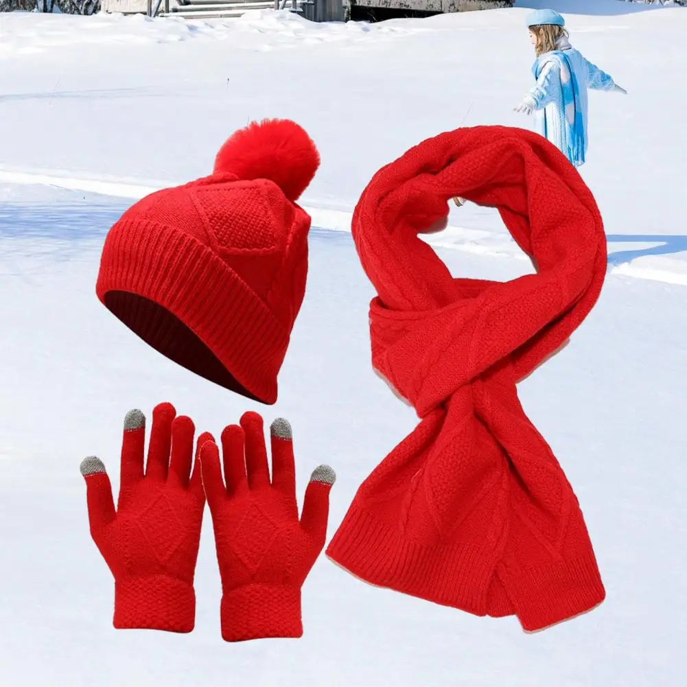 Solid Color Hat Scarf Gloves Set Men's Winter Hat Scarf Gloves Set Thick Knitted Warm Elastic Ear Protection Windproof Outdoor