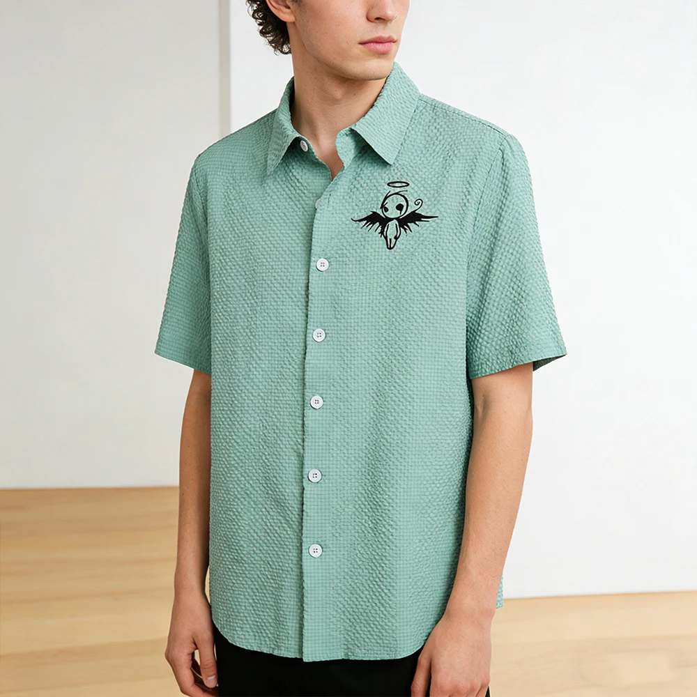 

Men's Mint Green Bubble Grid Textured Short Shirt Sleeve Casual Beach Holiday Shirt Breathable Loose Gothic Angel Wings Print