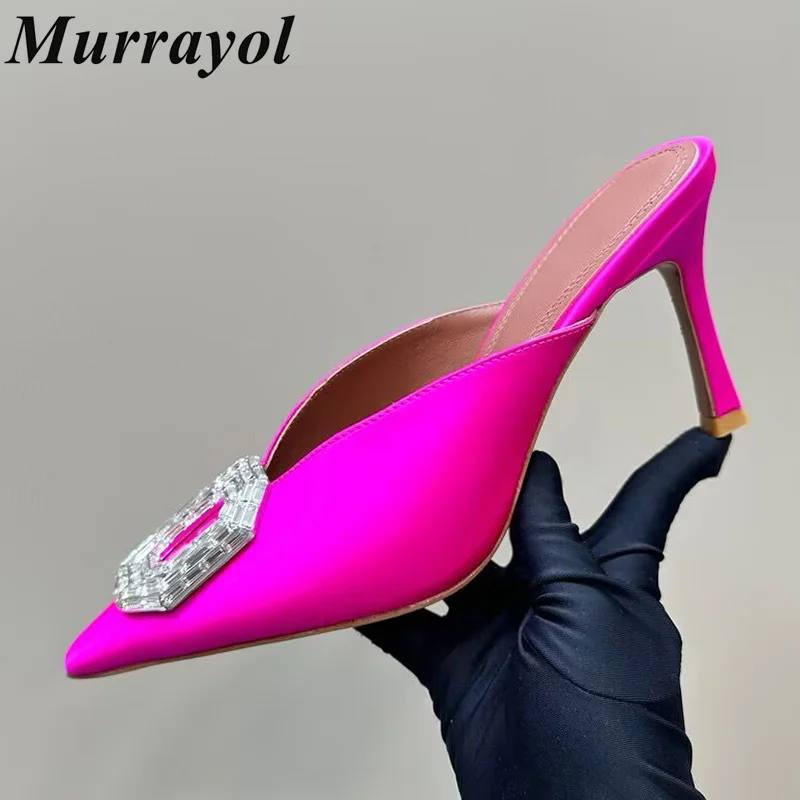 

Pointed Toe Satin Solid Color Thin Heels Sandals Women Square Buckle Rhinestone Decor High Heels Slippers Summer Dress Shoes