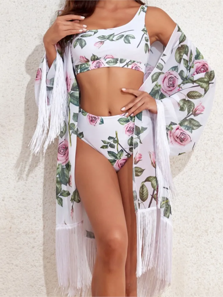 

Bikini Bodysuit Swimwear Women With Kimono Bathing Suit Summer New Splice Print Beachwear Holiday Bikini Cover Ups Outfits