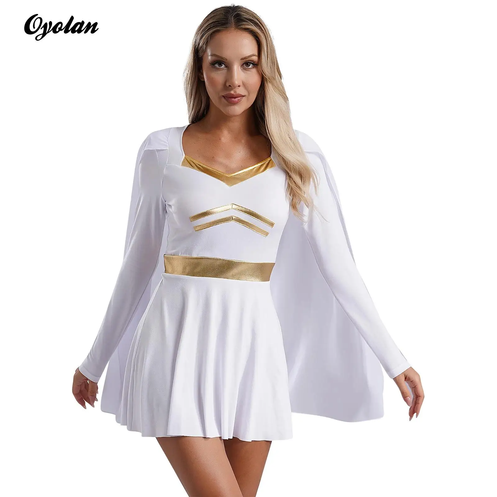 Womens Halloween Ancient Greek Cosplay Costume Egyptian Roman Warrior Dress Up Movie Roles Metallic Trim Chiffon Cape Dress