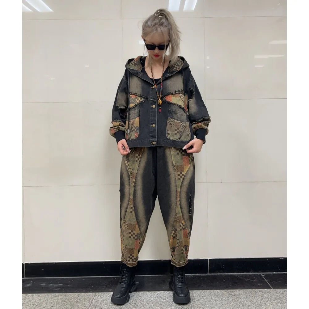 Personalized Vintage Color Blocked Denim Fashion Suit Women Autumn Loose Hooded Jacket + Harem Pants Two-piece Set ZF355