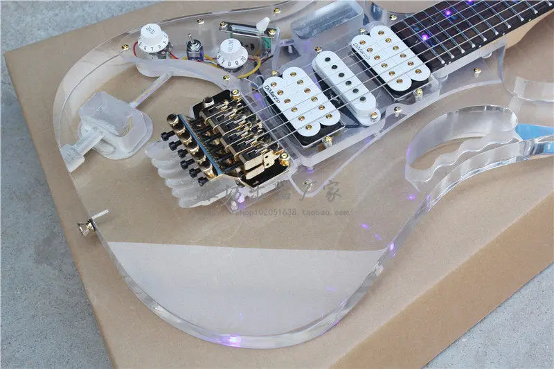 

Flyoung Double Shake Left Hand Electric Guitar Organic Glass Acrylic Transparent Body Fingerboard with Blue Light