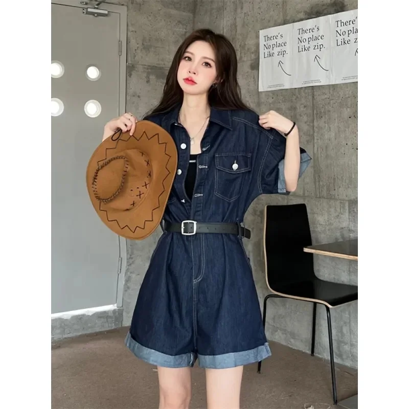 Blue Denim Short Sleeve Rompers Summer 2023 New Loose-fitting Temperament Retro Wash Waist Women's Casual Shorts Solid Color Z66