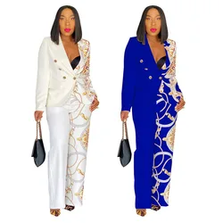 Print Women Set Fashion Button Front Blazer and Wide Leg Pants Suit Autumn Winter Two 2 Piece Set Outfit Business Office Lady