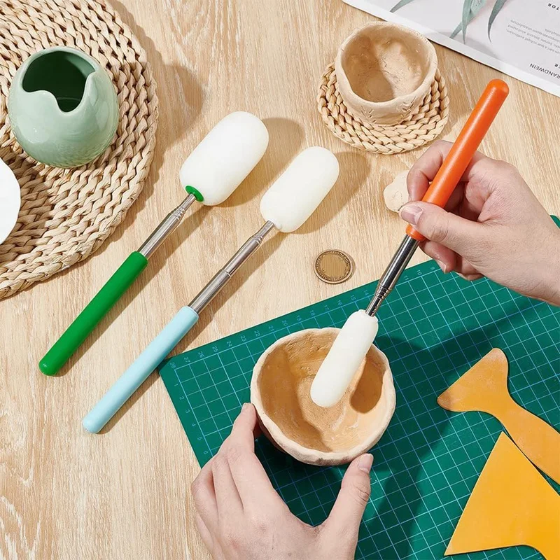 N85R-3PCS 도자기 용 텔레스코픽 스폰지 스틱, 도자기에서 물 제거를위한 스테인레스 스틸 핸들 흡수성 스폰지 헤드