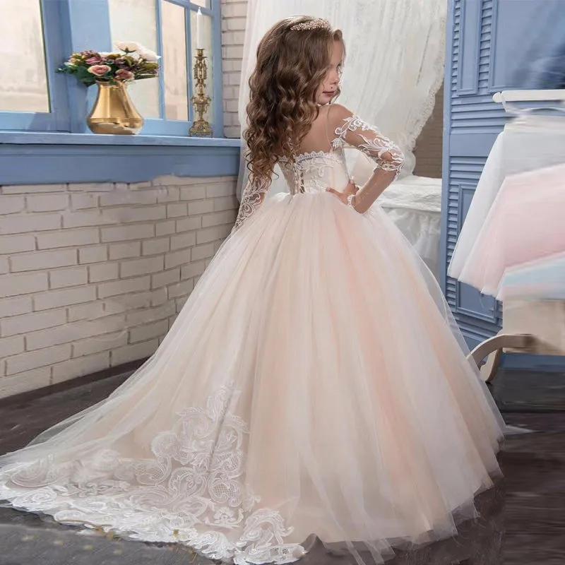 Full Sleeves Flower Princess Girl Dresses Sage Green Tulle Long Pageant First Communion Gown for Kids Evening Wedding Party