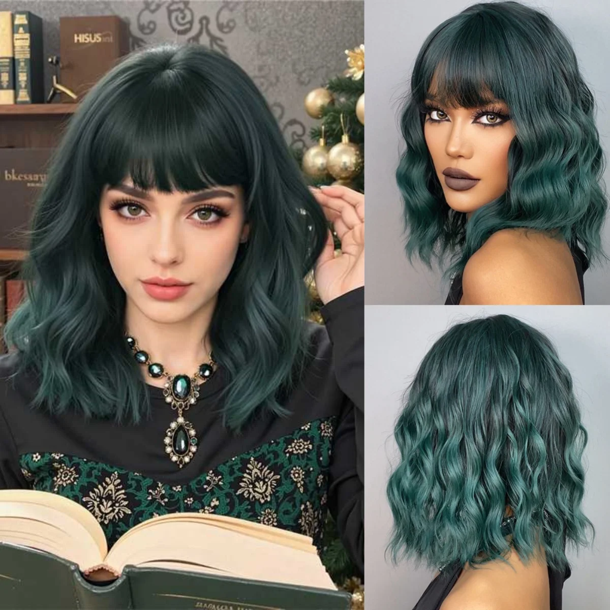 

Синтетические темно-зеленые короткие волнистые парики с челкой, парик из волос Боб для женщин, повседневные рождественские вечерние, термостойкое волокно