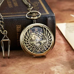 Luxury Golden Love Wings Mechanical Pocket Watch Men Women Necklace Pendant Unique Hollow Design Skull Double sided Chain