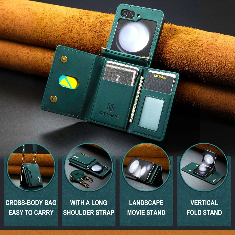 Crossbody Leather Cover Wallet Phone Case For Samsung Galaxy Z Flip 7 6 5 4 3 Flip5 Flip4 5G Cards Slot Purse Protective Shell