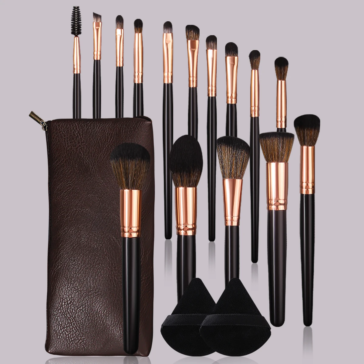 Juego de brochas de maquillaje de 18 Uds., brocha para colorete, brocha para sombra de ojos, bolsa de almacenamiento de cuero, soplo de polvo, juego completo de herramientas de maquillaje