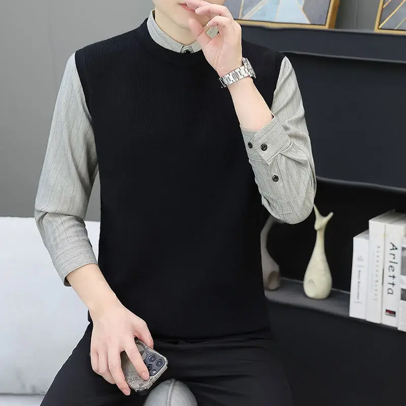 

Men's Autumn Winter Pullover Turn-down Collar Button Striped Patchwork Long Sleeve Sweater Knitted Formal Undershirt Casual Tops