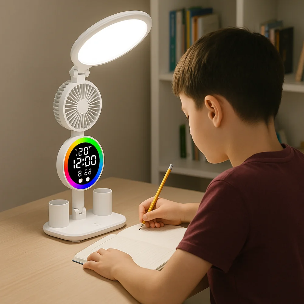 

3 Colors LED Table Lamp Touch Dimming Eye Protection Tabletop Reading Lamp with Fan&Time Date USB Night Light