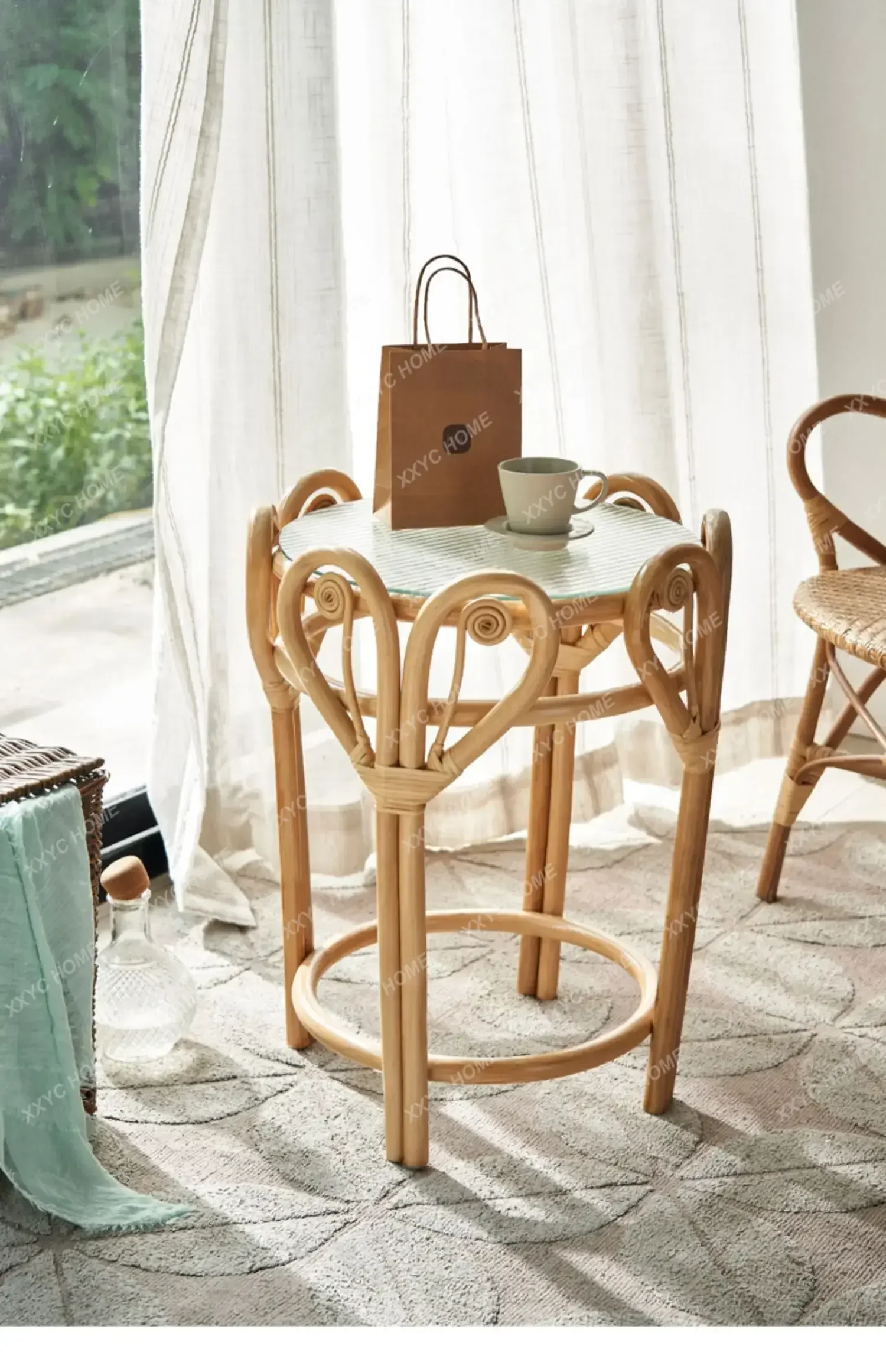 

Solid wood rattan small coffee table sofa side cabinet modern bedside round table bedroom living room