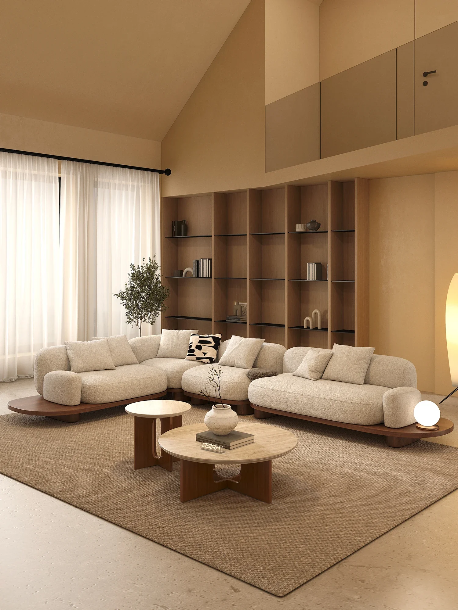 Beige Boucle Curved Corner Sofa L Shaped Modular Sectional Pillow Backrest Walnut Finish Base Deep Seat For Living Room