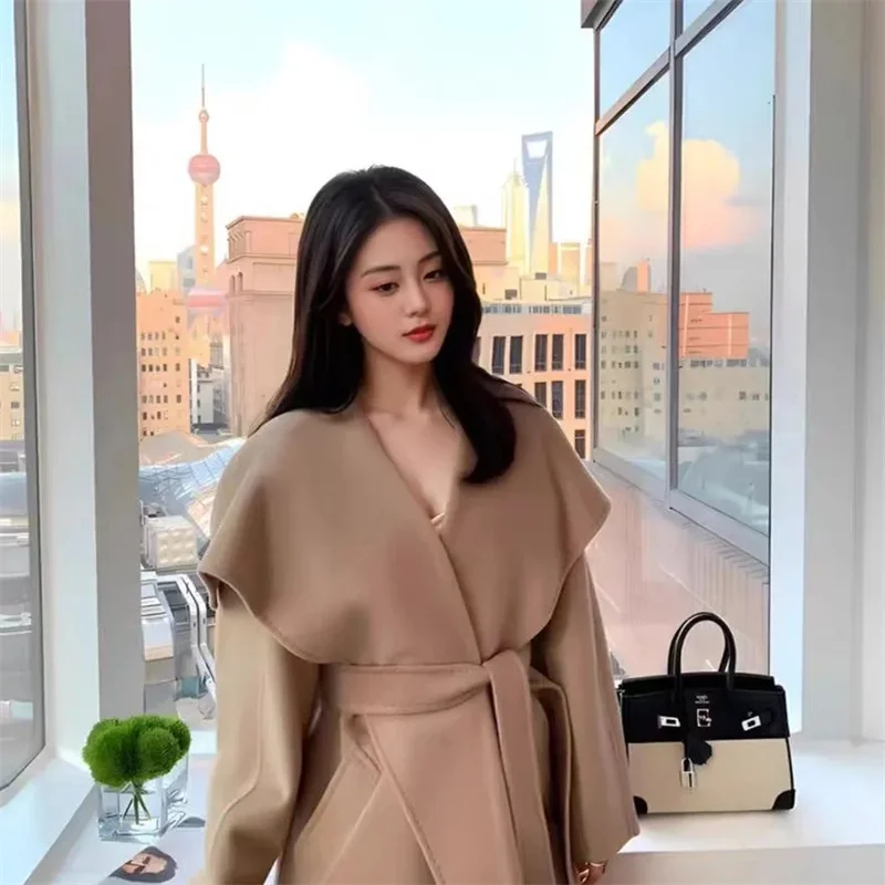 Women Handmade Corrugated Water Ripples Coat Double-sided Cashmere Wool Long Woolen Jacket Cashmere Coat Korean