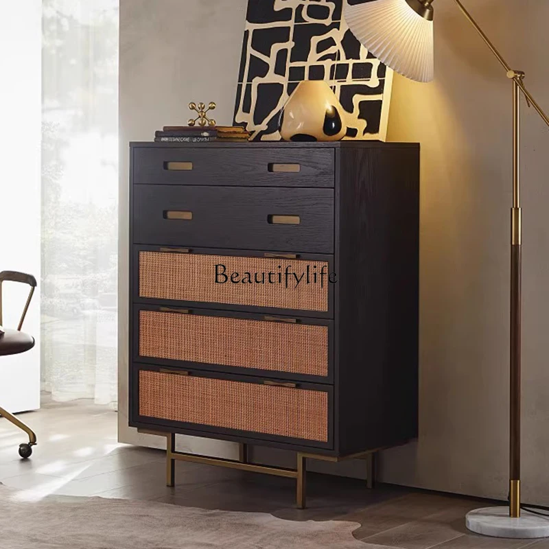 

Medieval style solid wood chest of drawers storage wabi-sandy wind rattan cabinet