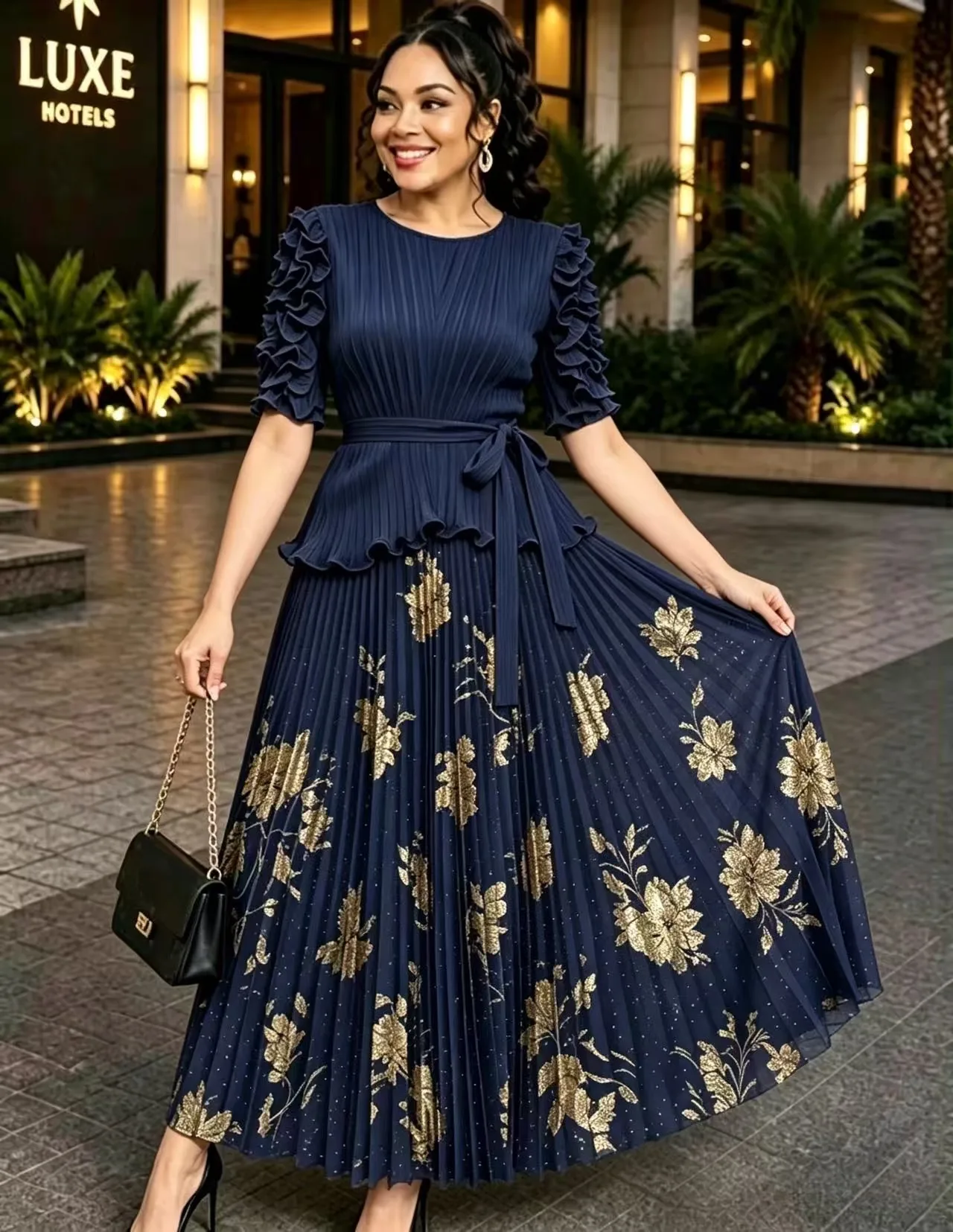 Miyake 2026 New Pleated Printing Fashion Bronzing Set, Fungus Lace-up Loose Dress Two-piece Women's Clothing