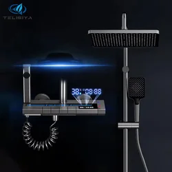 Grey Piano Button Ambient Light Bathroom Shower Full Set Digital Display Shower System Sets Rain Faucets Shower Head