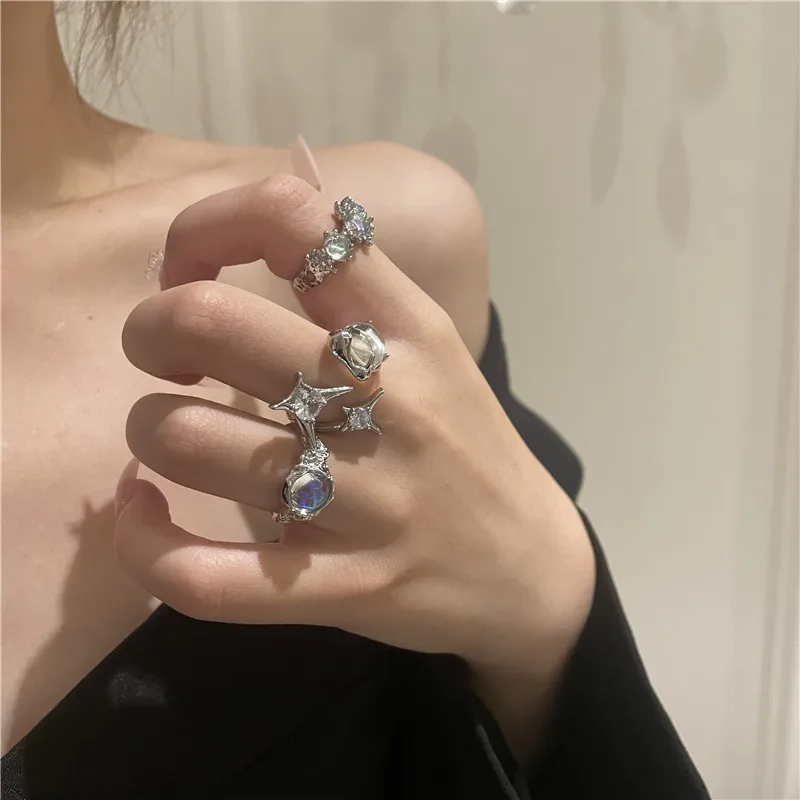 

Korean Crystal White Opal Irregular Ring for Women Zircon Star Open Rings Vintage Geometric Aesthetic Trendy Egirl Ring Jewelry