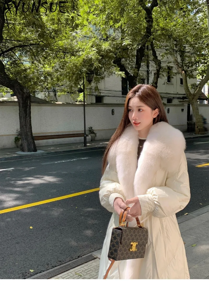 AYUNSUE Womens White Goose Down Jacket Fox Fur Collar Long Length Clothes Female Winter Clothing Loose Fit Puffer Jacket Women