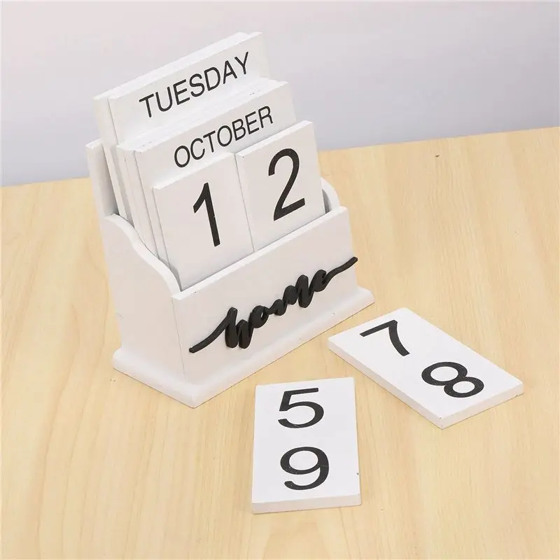 Ingenious-2X Wooden Clamshell Desk Block Calendar Permanent Wooden Desk Calendar Week Month Date Display Home Office Decoration 4