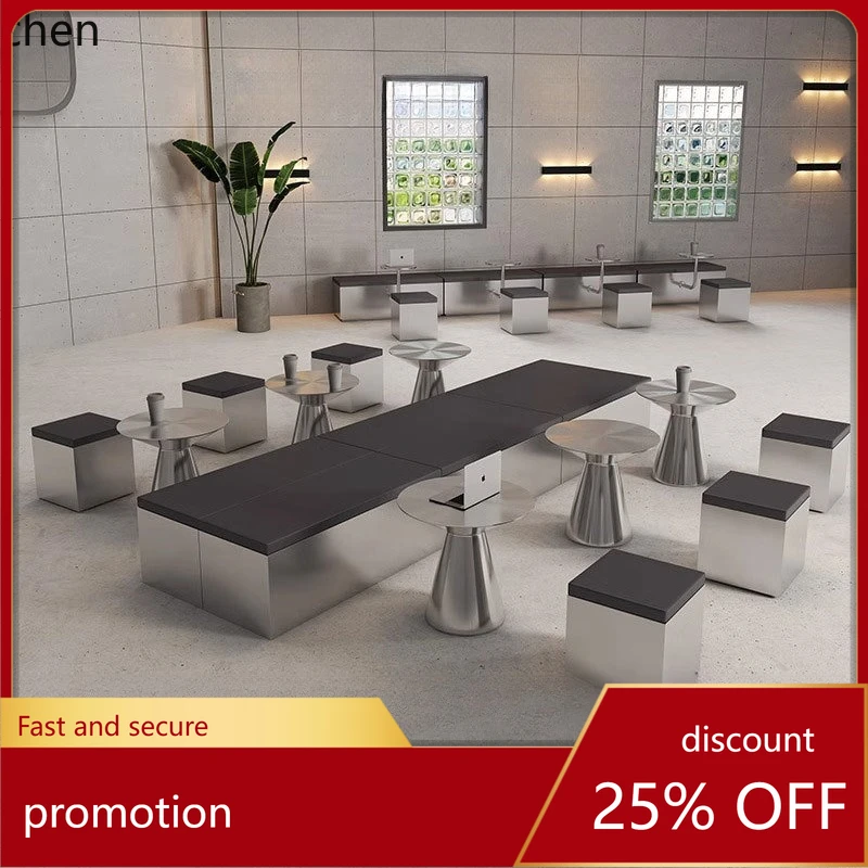 

LXC Light Luxury Milk Tea Table Coffee Shop Small Round Table Modern Minimalist Long Stool Stainless Steel Furniture