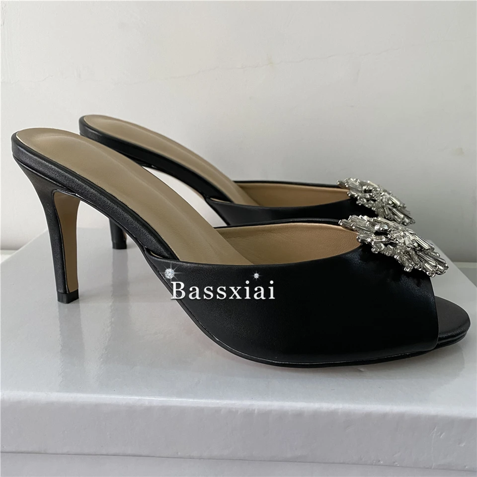 Sandali moderni con fibbia a diamante in cristallo donna 10cm Slingbacks con tacco a spillo muli estivi in vera pelle 2024