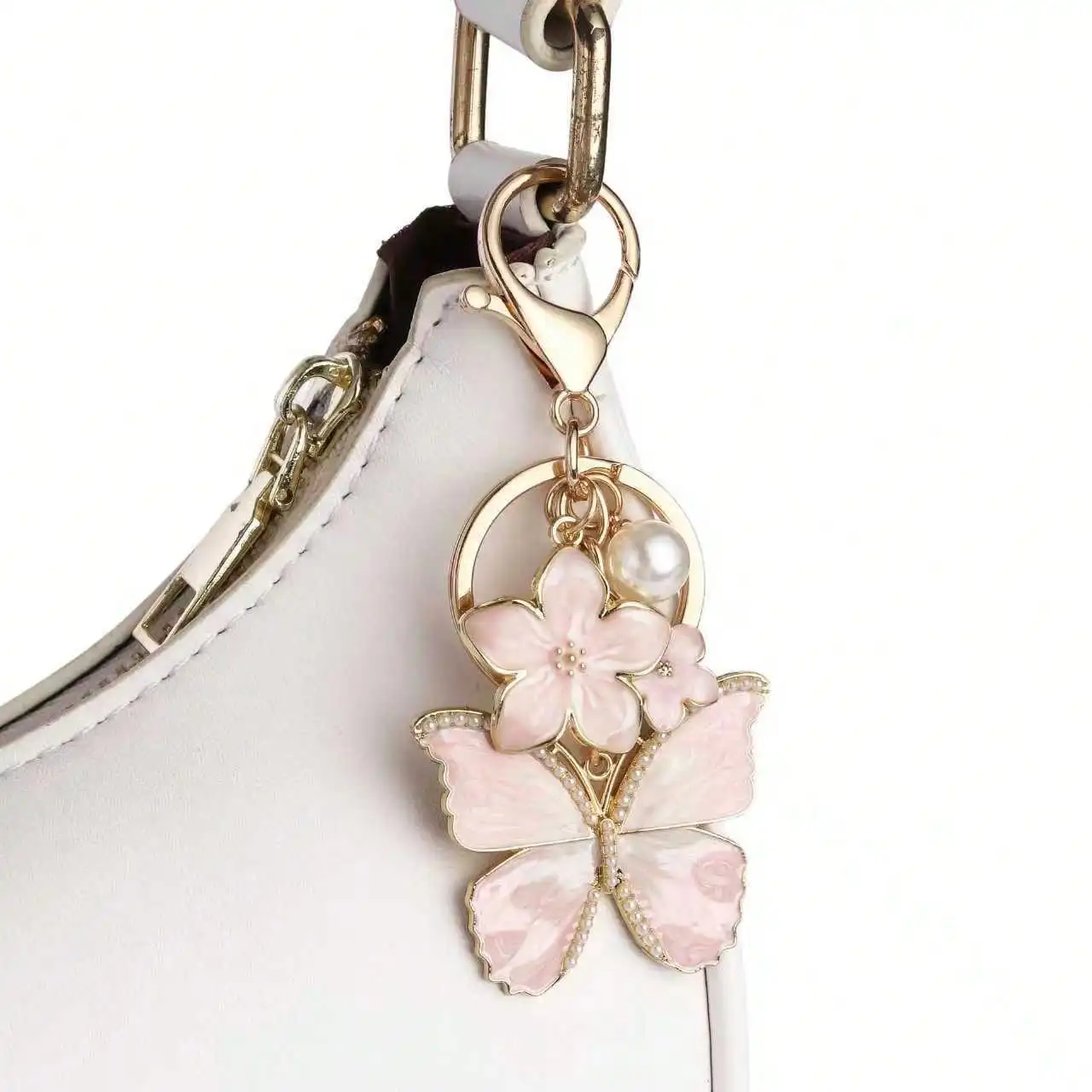 Europäischer und amerikanischer Windblumen-Schmetterlings-Perlen-Schlüsselanhänger aus Legierung, Schlüsselring, Damen-Taschenanhänger, kleines Geschenk – Detail 2
