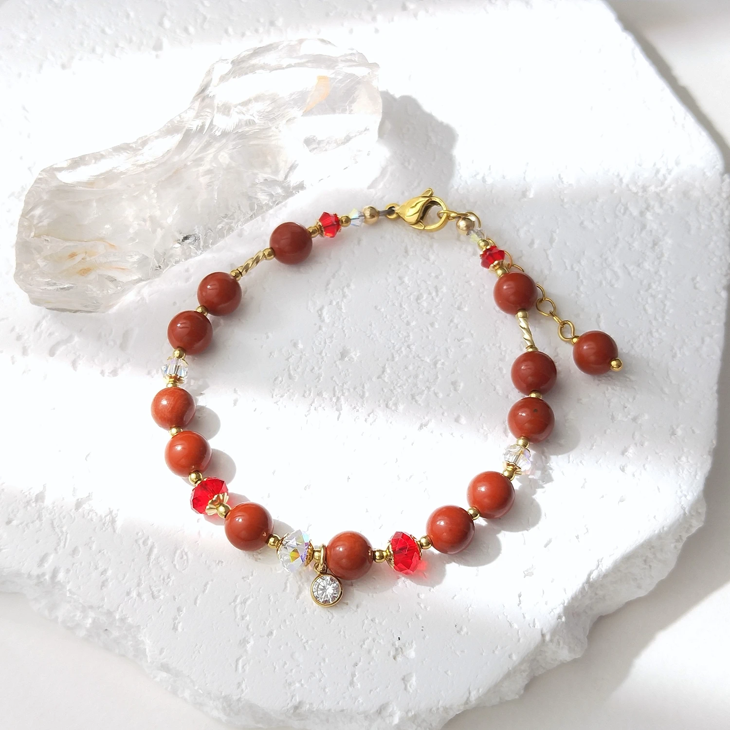 Lii Ji 6mm Red Jasper Natural Stone With Crystal American 14K Gold Filled Bracelet 18+3cm