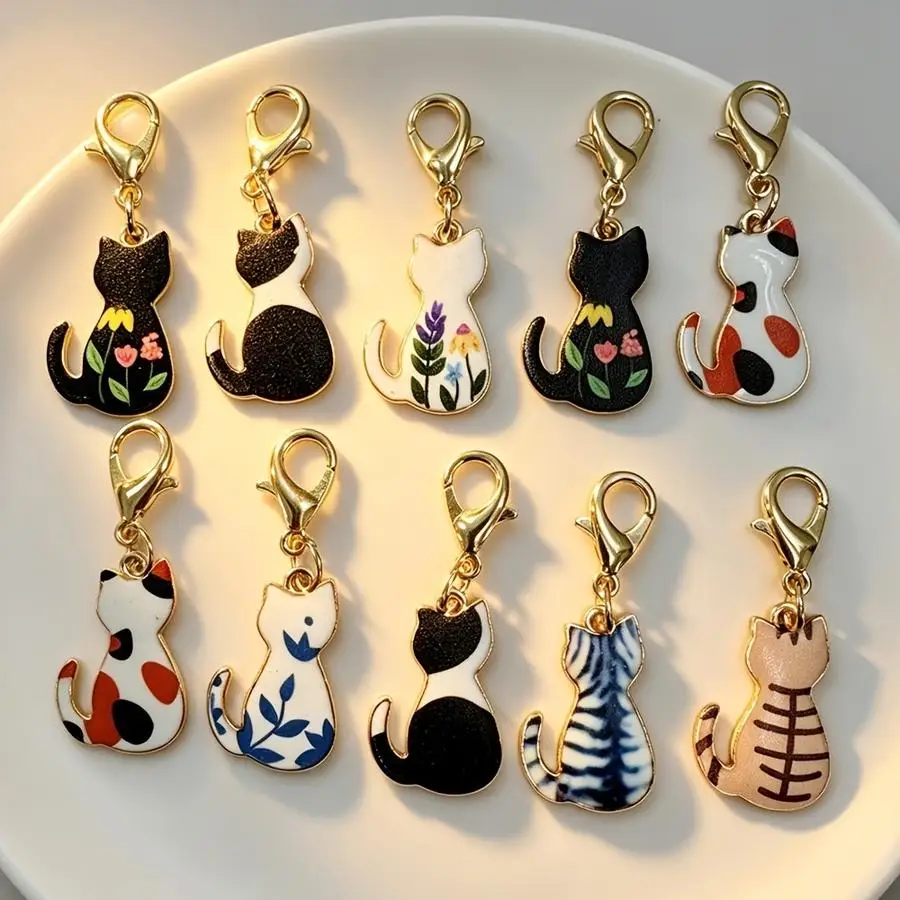 1/5/10/20/50/100pcs Cat Keychain Charms in Random Colors - Cute Metal Alloy Key Rings with Lobster Clasps, Ideal Birthday Gift f