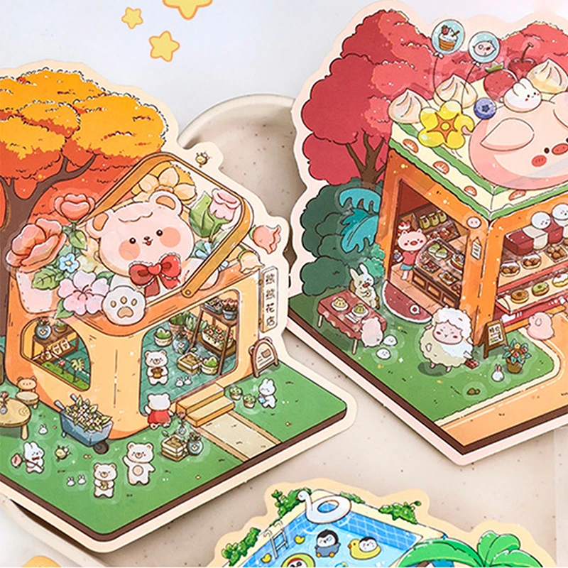 4Set Cute 3D Cartoon DIY Scenery Miniature Scene Visual Stacking Stickers Landscaping Stickers DIY Pocket Cabin Scene Stickers