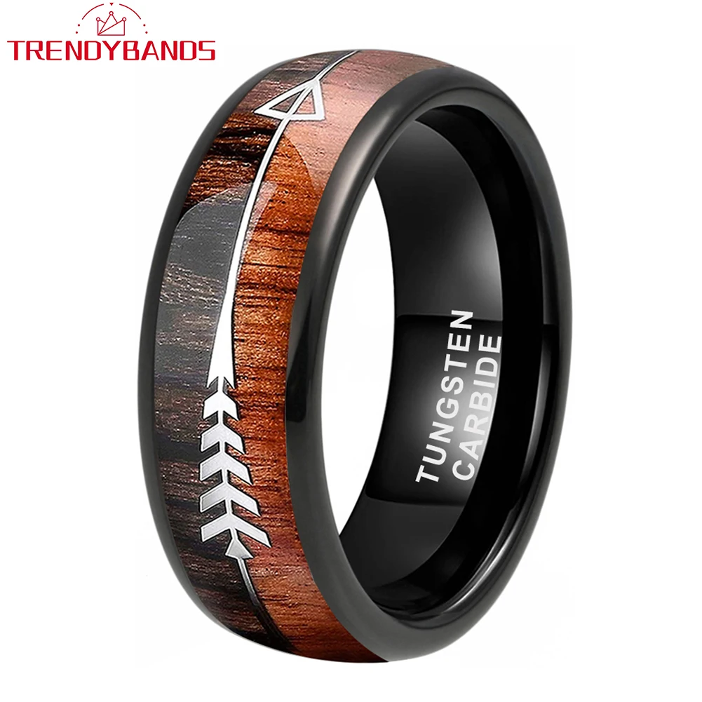 Wholesale Dropshipping 6mm 8mm Mens Womens Tungsten Rings Wedding Band Wood and Arrow Inlay Domed Polished Shiny Comfort Fit