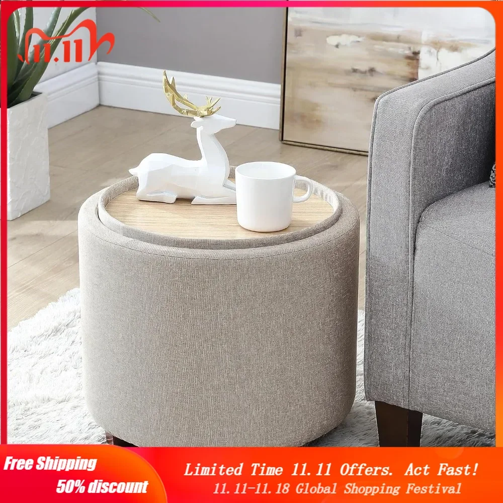 

Lawrence Round Storage Ottoman with Lift Off Lid and Tray Lid Coffee Table, Ottoman with Storage for Living Room