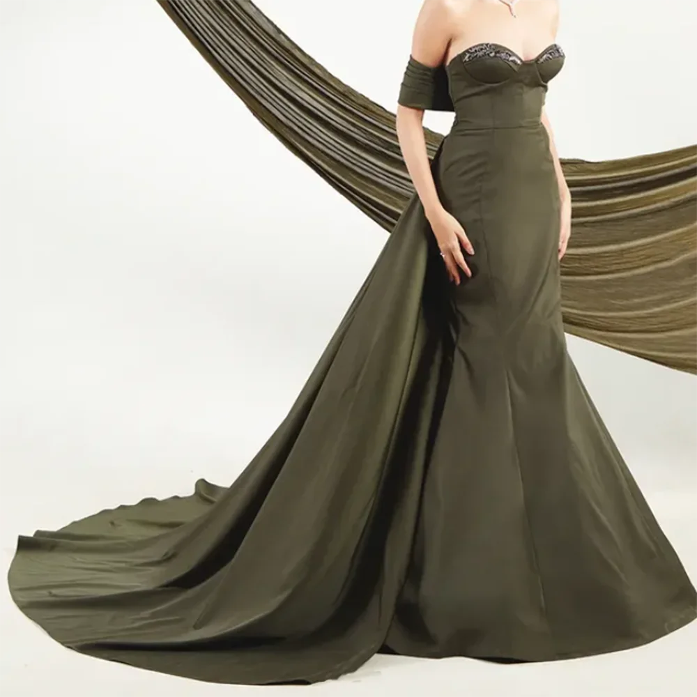 

Customized Mermaid Prom Dresses Floor-length Strapless Sleeveless Evening Gown Fashion Sequined Backless Pleat Draped Party Gown