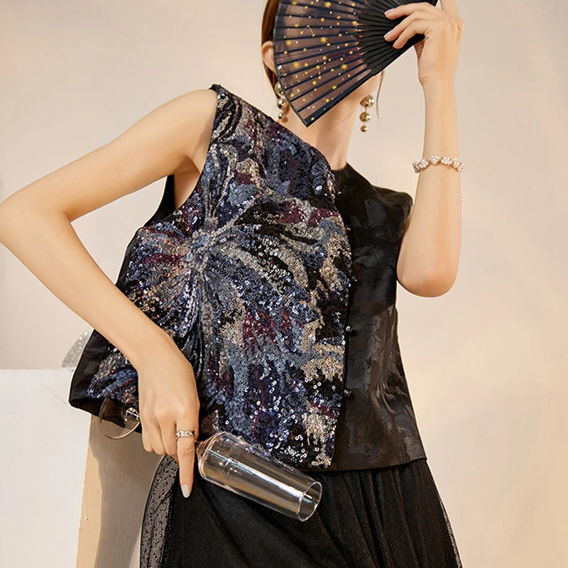 

Luxury Sequin Embroidery Traditional Sleeveless Coat New Chinese Style Vest Qipao Top Elegant Exquisite Cheongsam Waistcoat