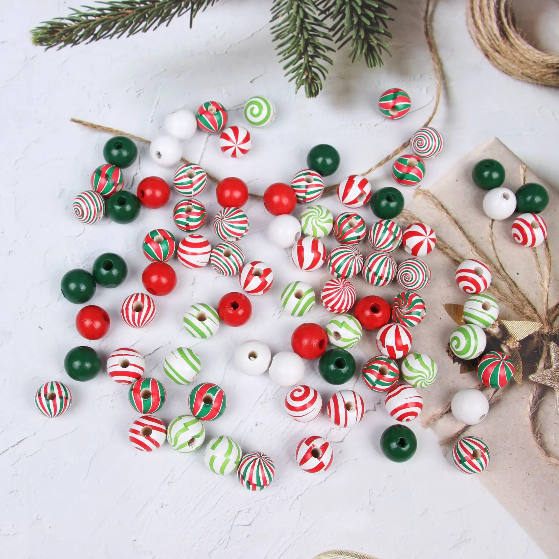 50Pcs 16MM Christmas Wood Beads Candy Balls Colorful Holiday DIY Balls Home Xmas Christmas Tree Party Hanging Pendant Accessorie