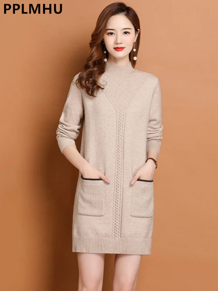Jesienno-zimowy sweter średniej długości damski Casual sweter z dekoltem w szpic z długim rękawem bluzki z dzianiny moda elegancki sweter z dzianiny z kieszenią