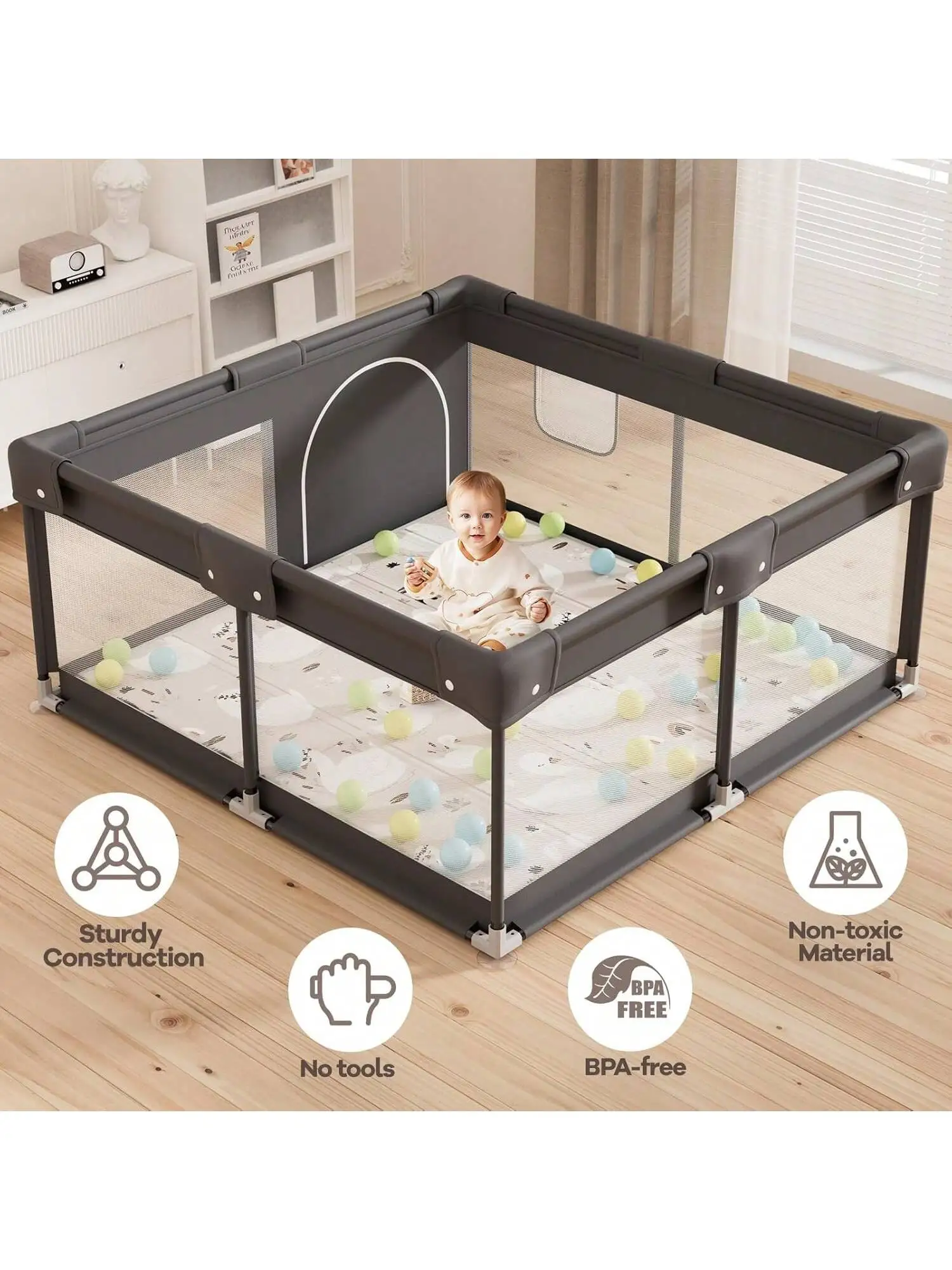 Parc pour bébé avec tapis 120x120 cm, parc de jeu, petit parc pour bébé avec barreaux, parc pour bébé en tissu Oxford, parc pour bébé pour l'appartement