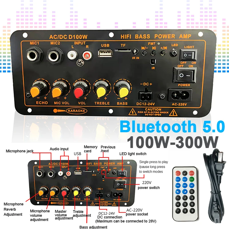 

D100 Rated 100W Max 300W Bluetooth Amplifier Board Karaoke Audio Speaker Subwoofer Bass Hifi Amplificador Board 220V EU