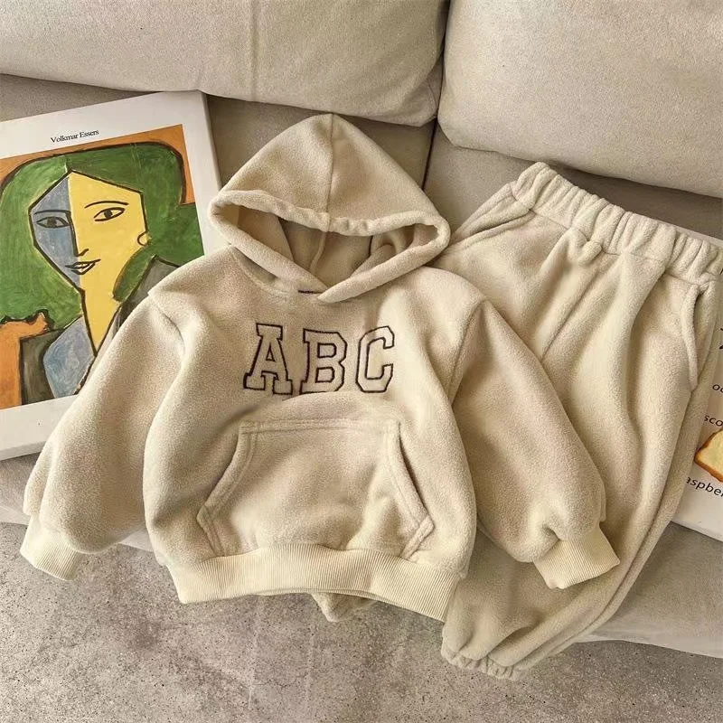 

Children's Suit Boy Autumn Winter Coat Letter Kids Hooded Sweater + Polar Fleece Pants 2pcs Set Boy Girls Casual Athletic Wear