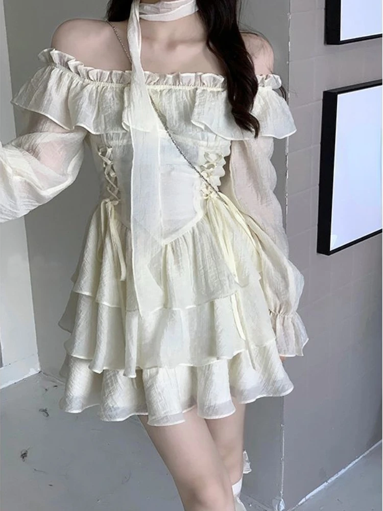 2023 Summer Elegant Ruffles Fairy Dress Women Casual Sweet Lolita Party Dress Long Sleeve One Piece Dress Korean Female Fashion