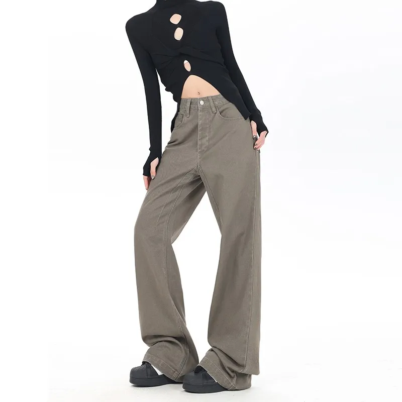 ZHISILAO Khaki Wide Leg Jeans Women Vintage Y2K Baggy Straight Floor Length Denim Pants Streetwear 2024