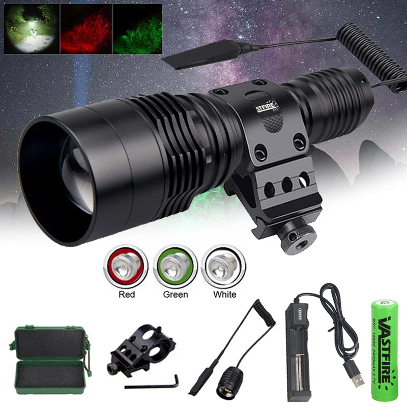 C11 Tactical 3 in 1 Green+Red+White LED Torch Zoomable Adjustable Flashlight for Outdoor Hunting Camping with 18650 Battery