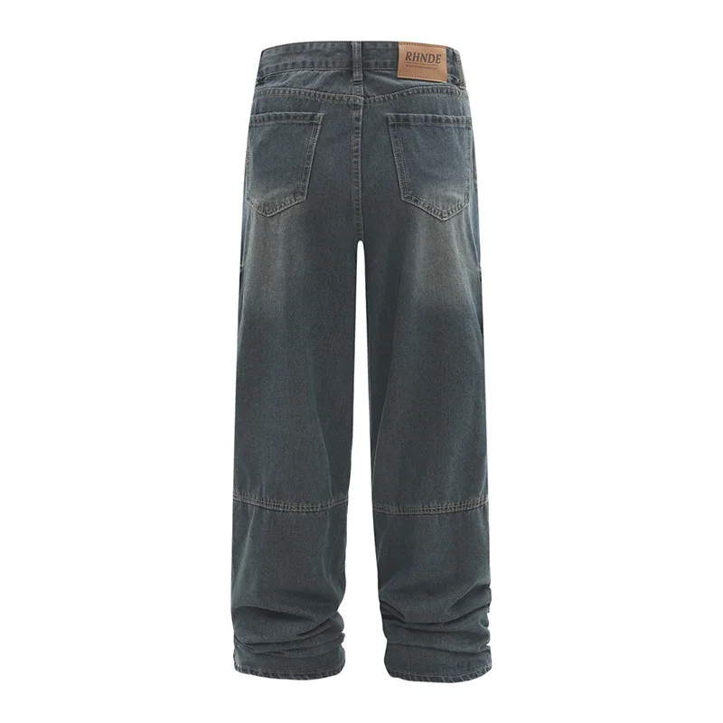 Vintage Hip Hop Cargo Jeans Pants Multi Pockets Baggy Blue Denim Trousers For Male Straight