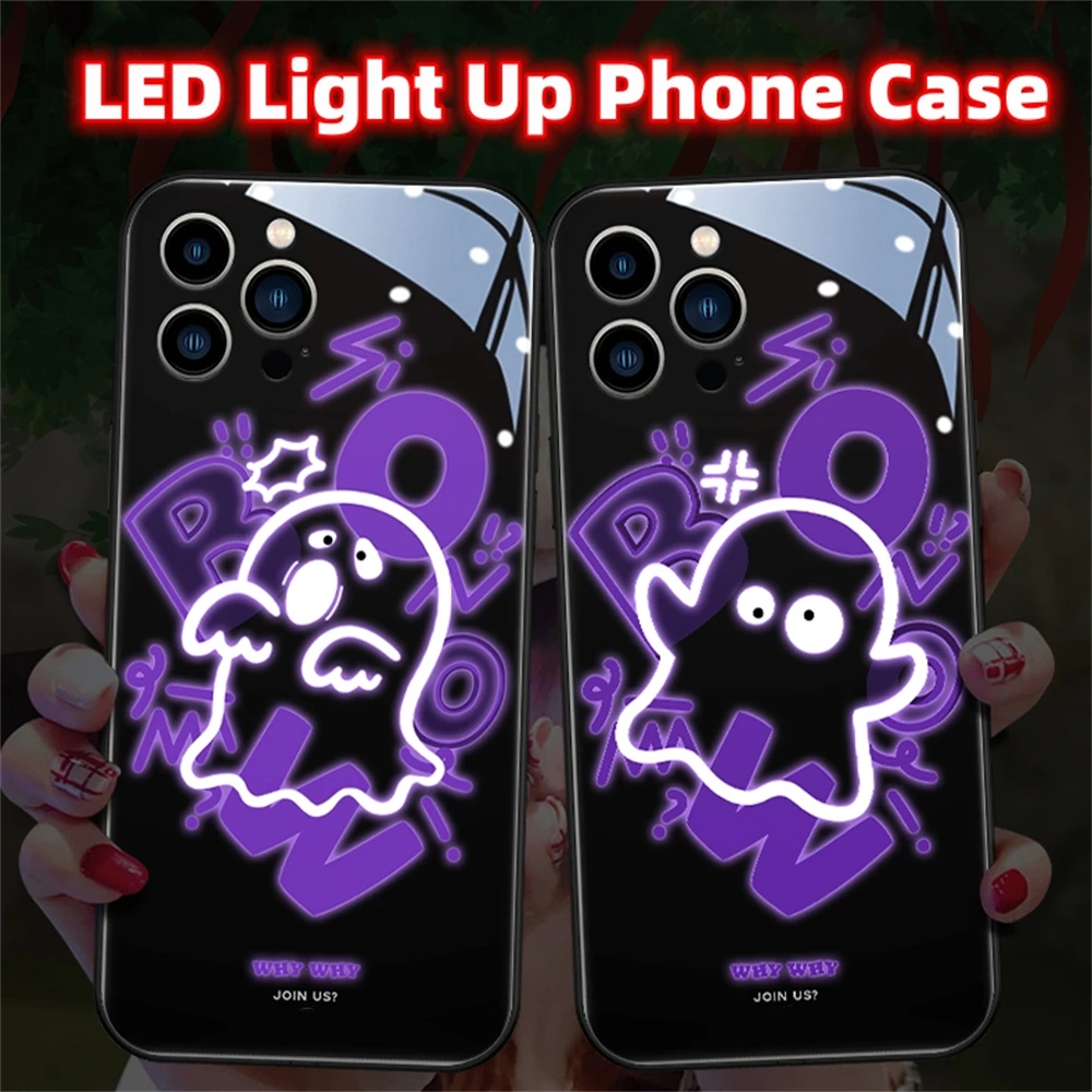 

For iPhone 6 7 8 XR X XS 11 12 13 14 Pro Max Mobile Flash LED Luminous Tempered Glass Cover Night Light Phone Case