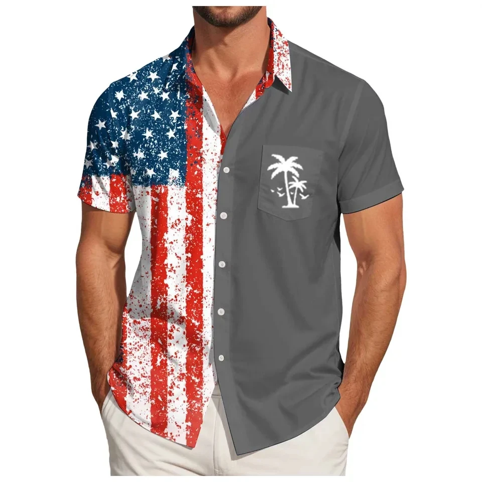 Men's Short Sleeve Shirt US Flag Color Matching Coconut Print Button Up Shirt Summer Casual Shirts Independence Day Man Clothes