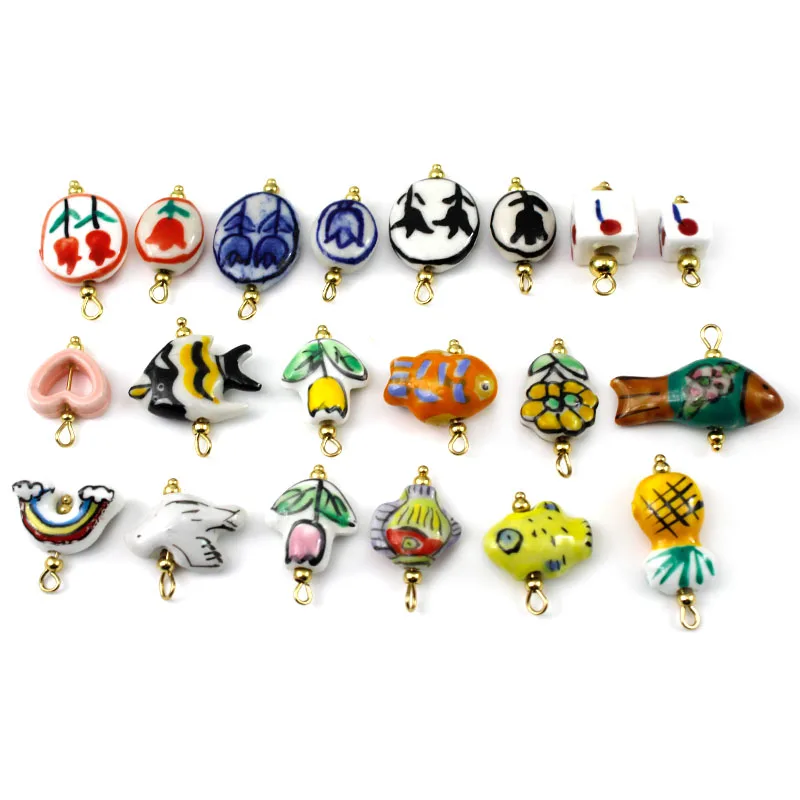 2Pcs/Lot Painted Handmade Ceramic Tulip/Tropical Fish Pendant Beads/Animal Charms/Steel Eye Pin DIY Necklace Earring Accessories