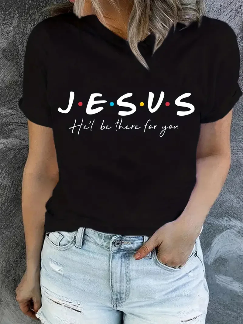 Jesus Print T-Shirt, Summer Short Sleeve Casual Top, Women\'s Clothing